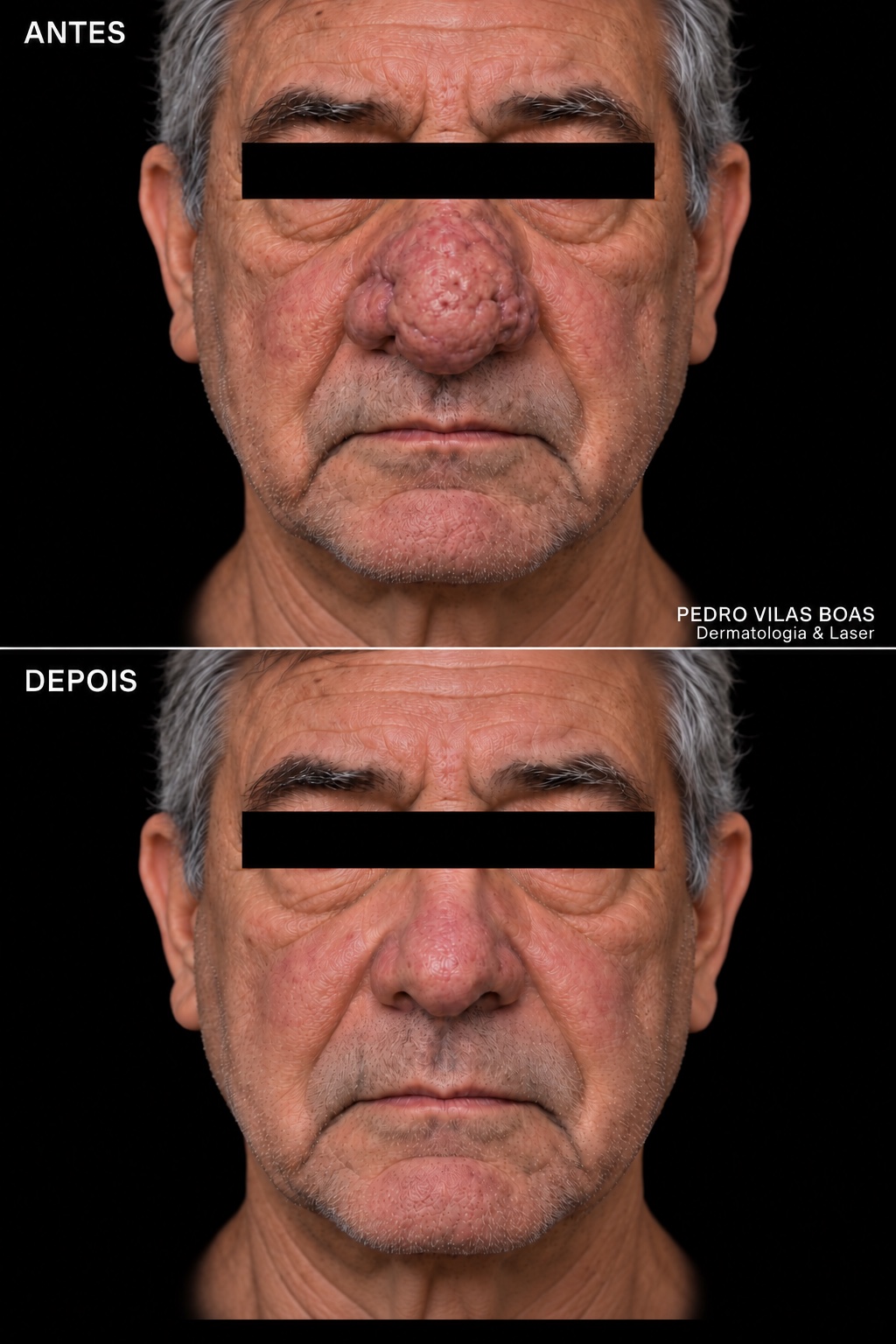 Comparación fotográfica de la nariz antes y después del tratamiento del rinofima